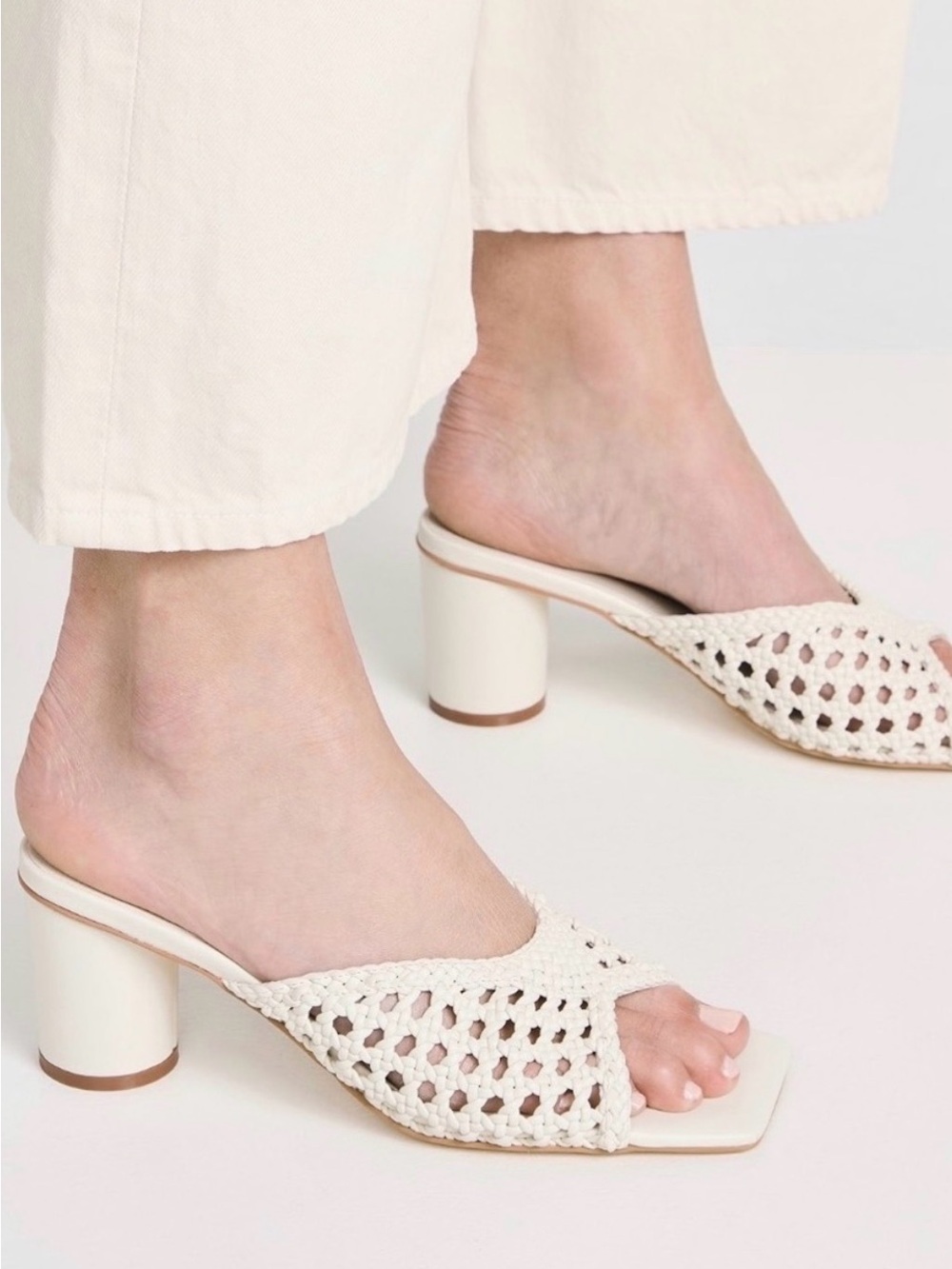 INTENTIONALLY BLANK Woven Open-Toe Block Heel Mules in Cream